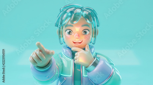 Glossy 3d cartoon child pointing finger at viewer.