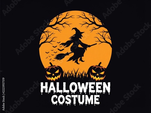 Halloween costume illustration with black cat and jack o lanterns