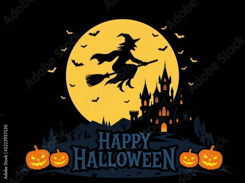 Happy Halloween witch flying under a full moon with jack o lanterns