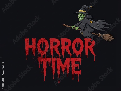 Witch flying on broomstick during horror time