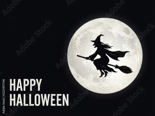 Happy Halloween witch flying on broomstick under full moon