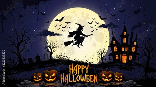 Happy Halloween witch flying under a full moon with jack o lanterns
