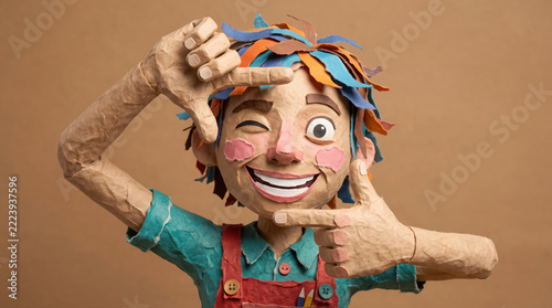Paper craft child 3d cartoon character winking and making frame gesture.