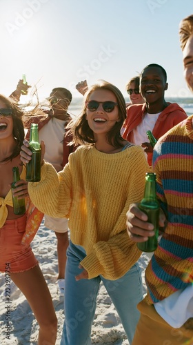 Cheerful friends dance on the sand while holding green glass bottles. Bright sunshine highlights a vibrant outdoor summer beverage celebration.