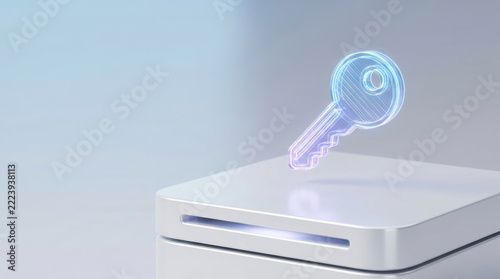 Digital key hologram above silver computer highlights innovation and protection while inspiring discoveries in cybersecurity
