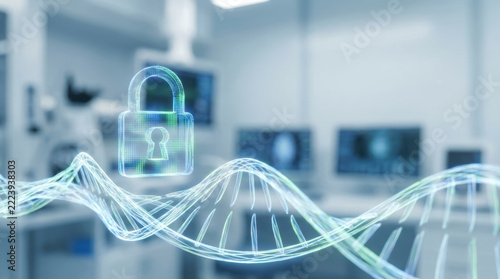 Digital security lock hologram above laboratory wave suggests innovation and protection through scientific discoveries and research