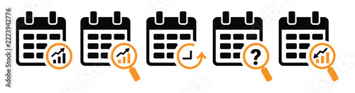 Set of calendar icons with various business analysis symbols representing growth, history, search, and decline trends