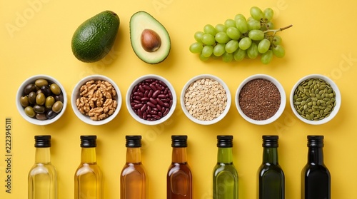 Healthy food flat lay, fresh avocado grapes seeds and oils. Organic nutrition ingredients and cooking oils