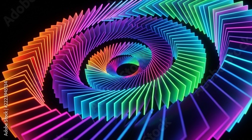 Vibrant rainbow spiral tunnel illustration, glowing neon color vortex background, abstract hypnotic swirl graphic design, futuristic digital art motion concept for modern tech displays