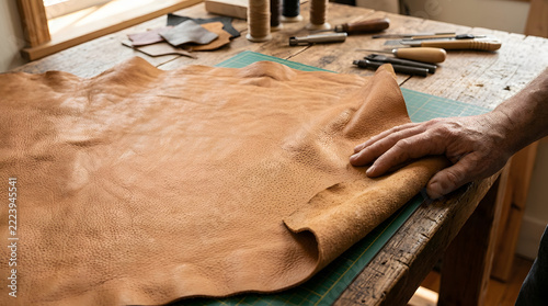 Close-up of an Artisan's Hand Touching a Large Piece of Natural Brown Leather on a Wooden Workbench in a Workshop