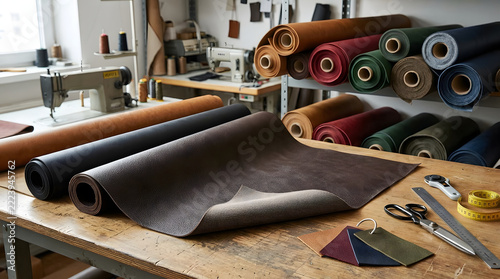 Professional leather crafting workshop with rolls of colorful leather and sewing equipment on a wooden workbench