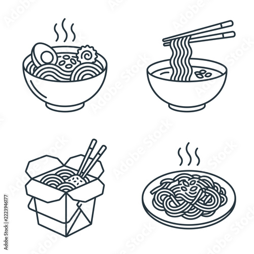 Set of four simple noodle dish icons in outline style.