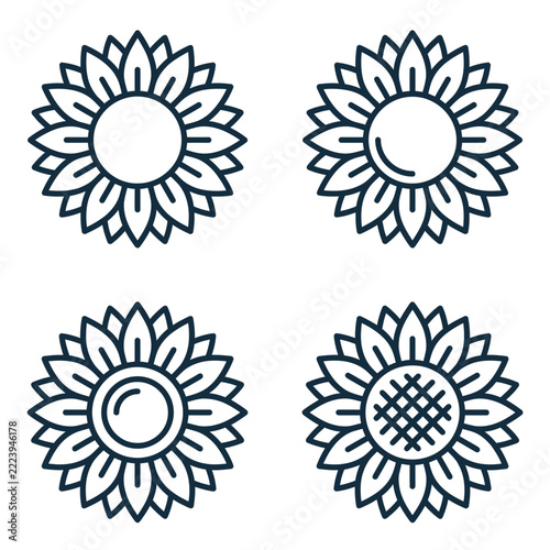 Set of four simple sunflower icons in outline style.