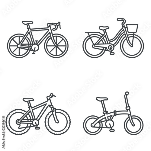 Set of four different bicycle types in thin line art style.