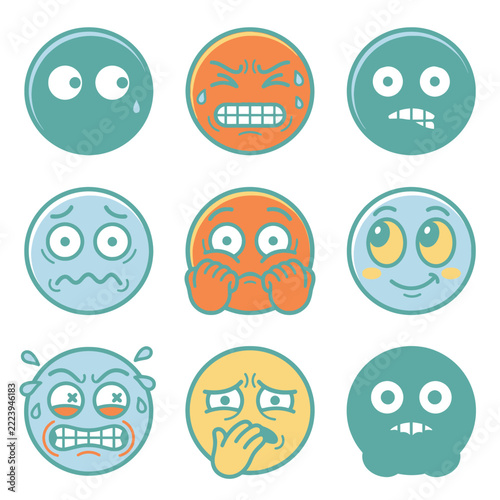 Set of colorful hand drawn cartoon emoji faces showing various emotional expressions.