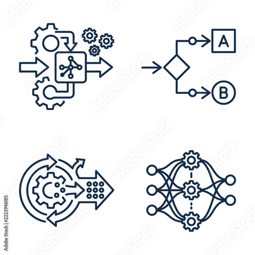 Set of four linear icons representing machine learning and data processing concepts.