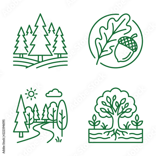 Set of four linear forest and nature ecology icons.