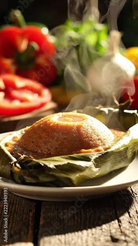 Steaming hot African food served in a traditional green leaf wrap on a rustic wooden table in 4K