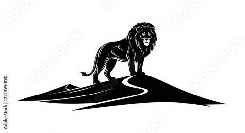 Majestic Lion Standing on Hilltop, Silhouette, Black and White Illustration