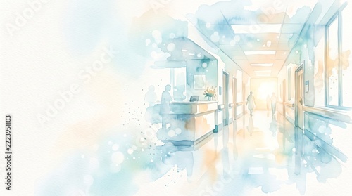 Serene Hospital Corridor Illustration with Soft Colors and Gentle Light Effects