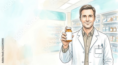 Pharmacist Holding Medicine Bottle with Friendly Smile in Pharmacy Environment