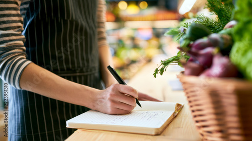a person choosing healthy food options and preparing a grocery list.
