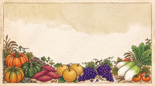 Thanksgiving background illustration featuring abundant produce and space for text