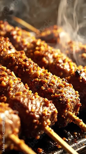 Delicious African Food Suya Spicy Grilled Beef Skewers with Peanut Rub on Smoky Grill 4K Upscaled