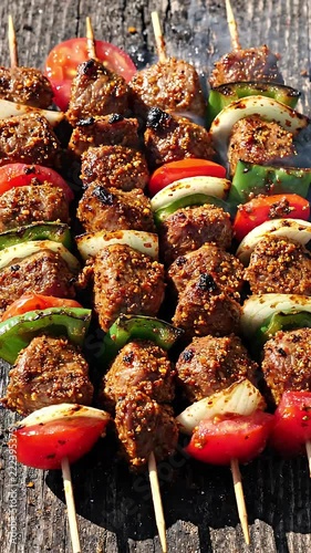 Delicious African Food Suya Beef Skewers with Fresh Vegetables Grilled to Perfection 4K Upscaled
