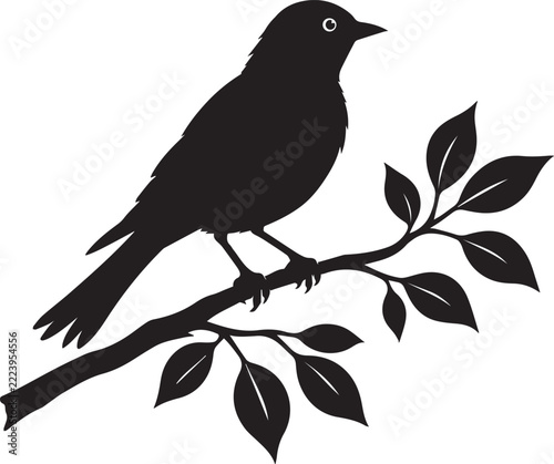 Beautiful Black Bird Silhouette Perched on Leafy Tree Branch Isolated on White Background