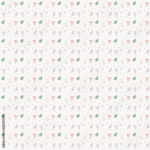 Pastel Floral Seamless Pattern with Dainty Flowers and Leaves on Cream Background