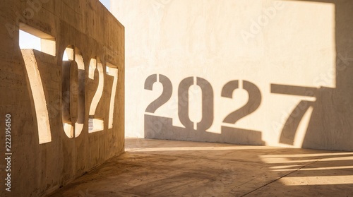 2027 year number cutout in concrete wall casting sharp shadows on a sunny architectural surface. Modern minimalist design concept for future planning and upcoming corporate milestone projects