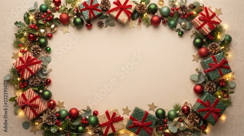 Christmas wreath with festive ornaments and gift boxes