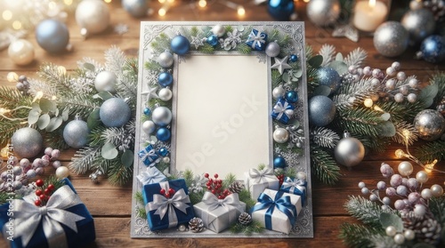 Empty picture frame decorated with Christmas ornaments