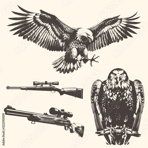 Vintage eagle engraving with spread wings pose.