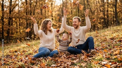 Family sitting on autumn leaves in forest with hands raised joyfully with covered colorful autumn arms raised happily sits forest floor outdoor activity casual clothing natural light family time