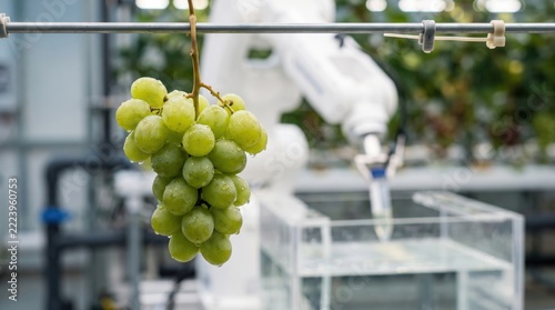 Green Grapes Hanging in Hydroponic Garden with Robotic Arm