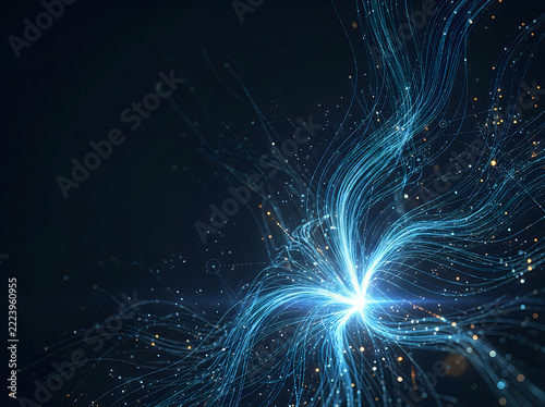 Abstract visualization of data flow with glowing light particles and fiber optic lines