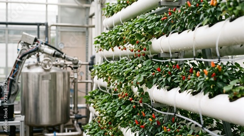 Hydroponic Farming System with Green Plants and Red Peppers