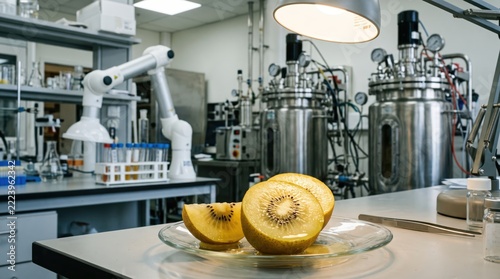 Fresh Yellow Kiwi Slices on Laboratory Table with Equipment Background