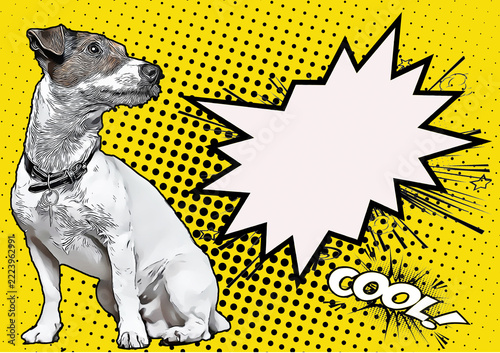 Retro pop-art style, a dog with a bright comic-style speech bubble.