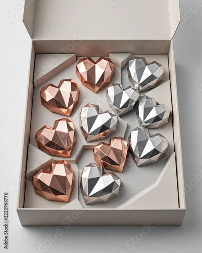 Geometric Hearts Gift Box: A collection of faceted heart-shaped chocolates, in rose gold and silver, artfully arranged in an elegant gift box, offering a luxurious treat for any occasion.