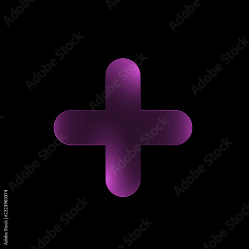 A glowing purple neon plus sign icon isolated on a solid black background for digital interface design