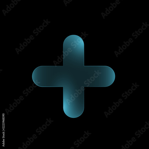 Minimalist blue gradient plus sign icon isolated on a solid black background for digital user interface design