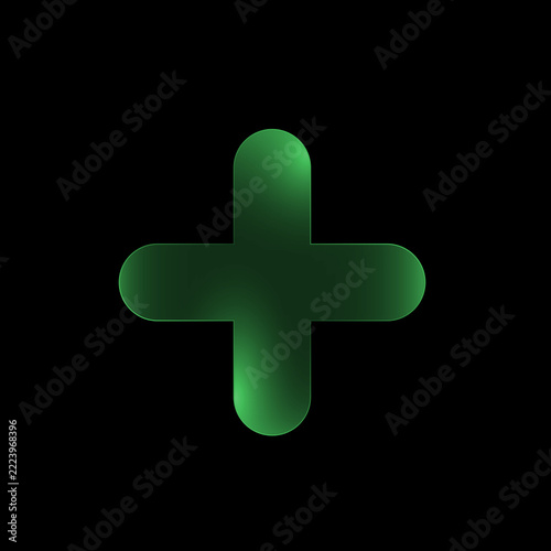 A glowing green plus sign icon isolated on a solid black background for digital user interface design