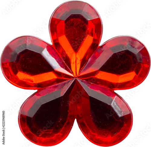 Red flower shaped crystal rhinestone gem isolated on white background