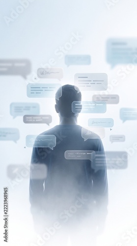 A person's silhouette surrounded by floating chat bubbles in a misty, ethereal environment, representing communication and thought.