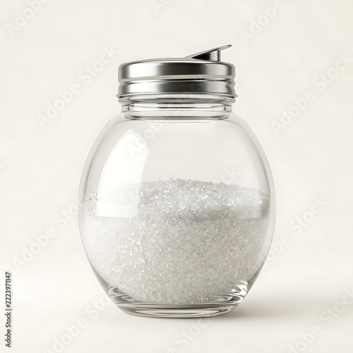 Glass sugar dispenser with metal lid isolated on transparent