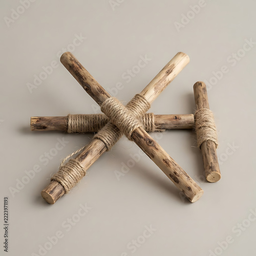 Rustic wooden sticks wrapped with jute twine isolated on transparent