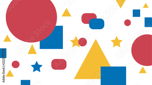 Geometric shapes in primary colors scattered on a white background for educational concepts and playful design